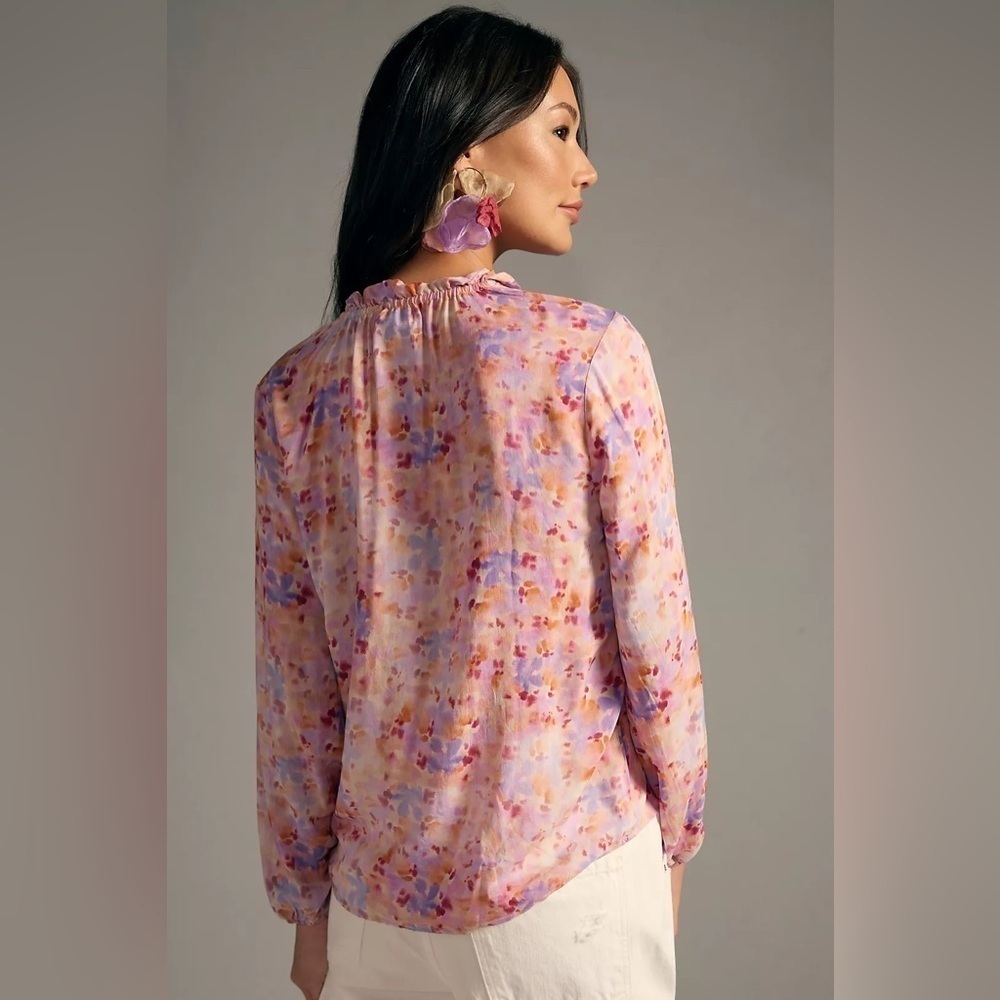 ANTHROPOLOGIE Cloth & Stone Ruffle-Neck Buttondown Watercolor Printed Blouse Top - Picture 3 of 9